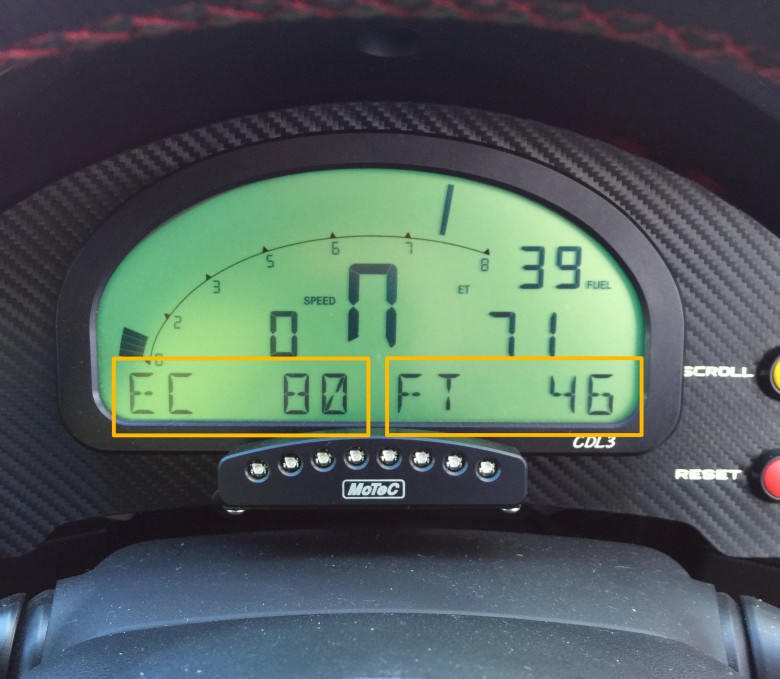 motec display showing ethanol content and fuel temp